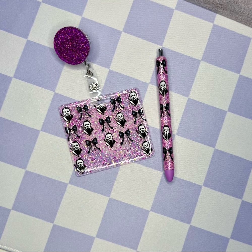 Pink Halloween Glitter Badge Buddy and Pen Matching Set